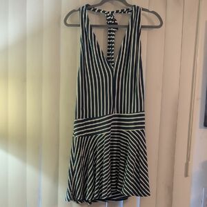 Free People Aqua and White Striped V-Neck Sleeveless Mini Dress